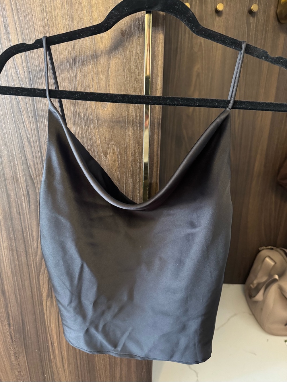 Satin Cowl Neck Cami Tank - black